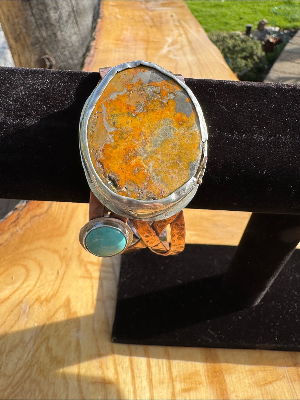 Handcrafted Bumblebee Jasper and Copper Cuff with Turquoise Accent